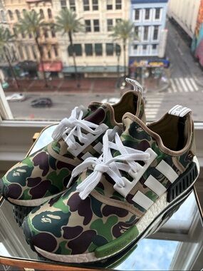 BAPE adidas Green Camo NMD R1 Sneakers with White Stripes